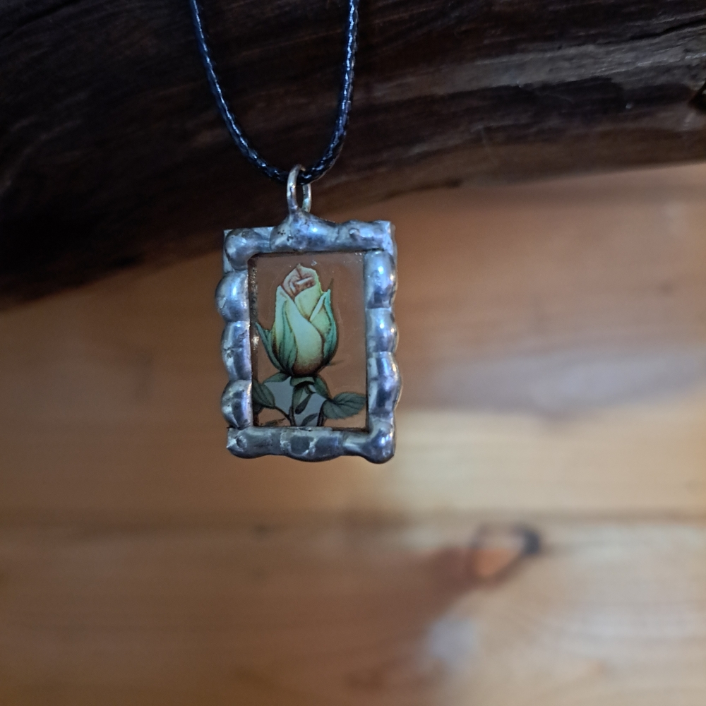 Silver Framed Yellow Rose Bud Pendant Necklace Silver Soldered Lead Free